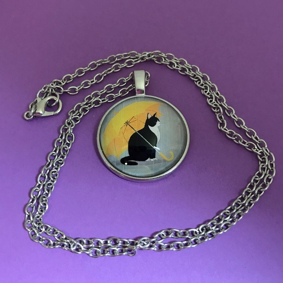 Cat Under Yellow Umbrella Silver Tone Necklace - Picture 2 of 5